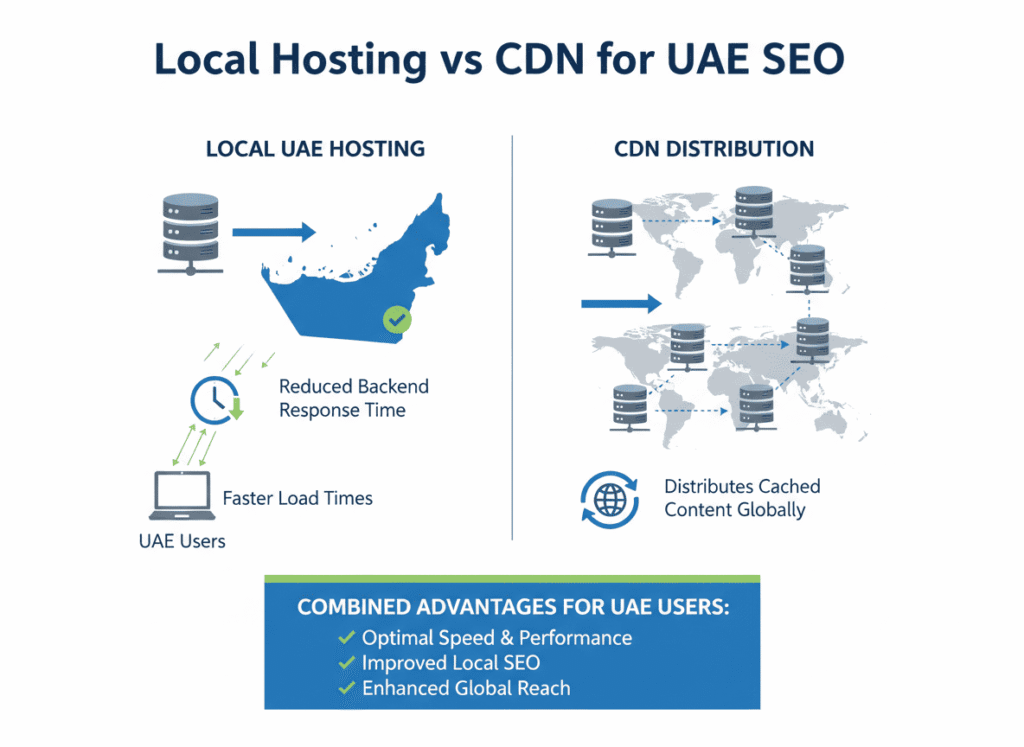 Comparison of local UAE hosting and CDN for SEO performance