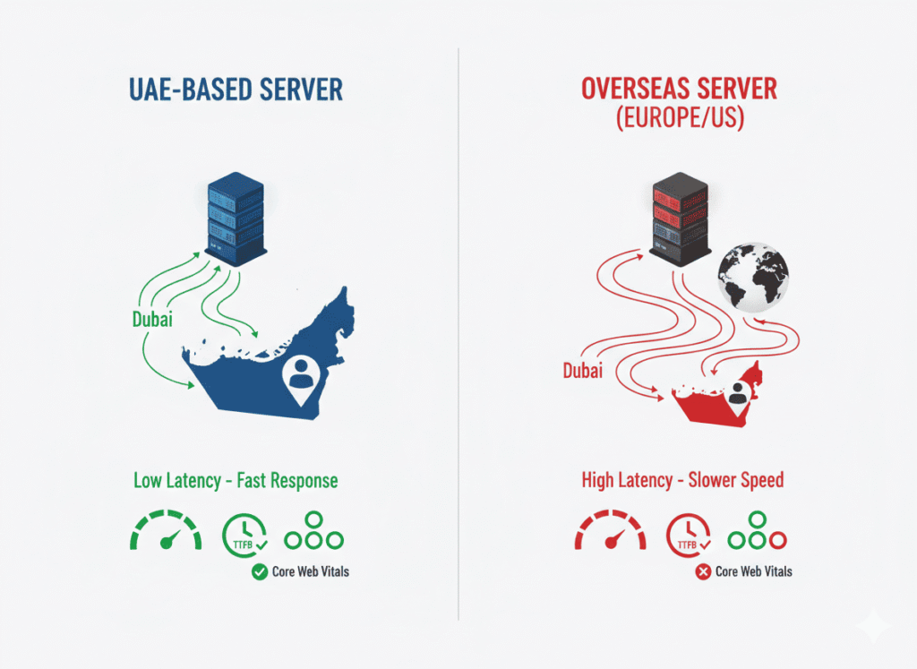 Server location comparison UAE vs overseas hosting