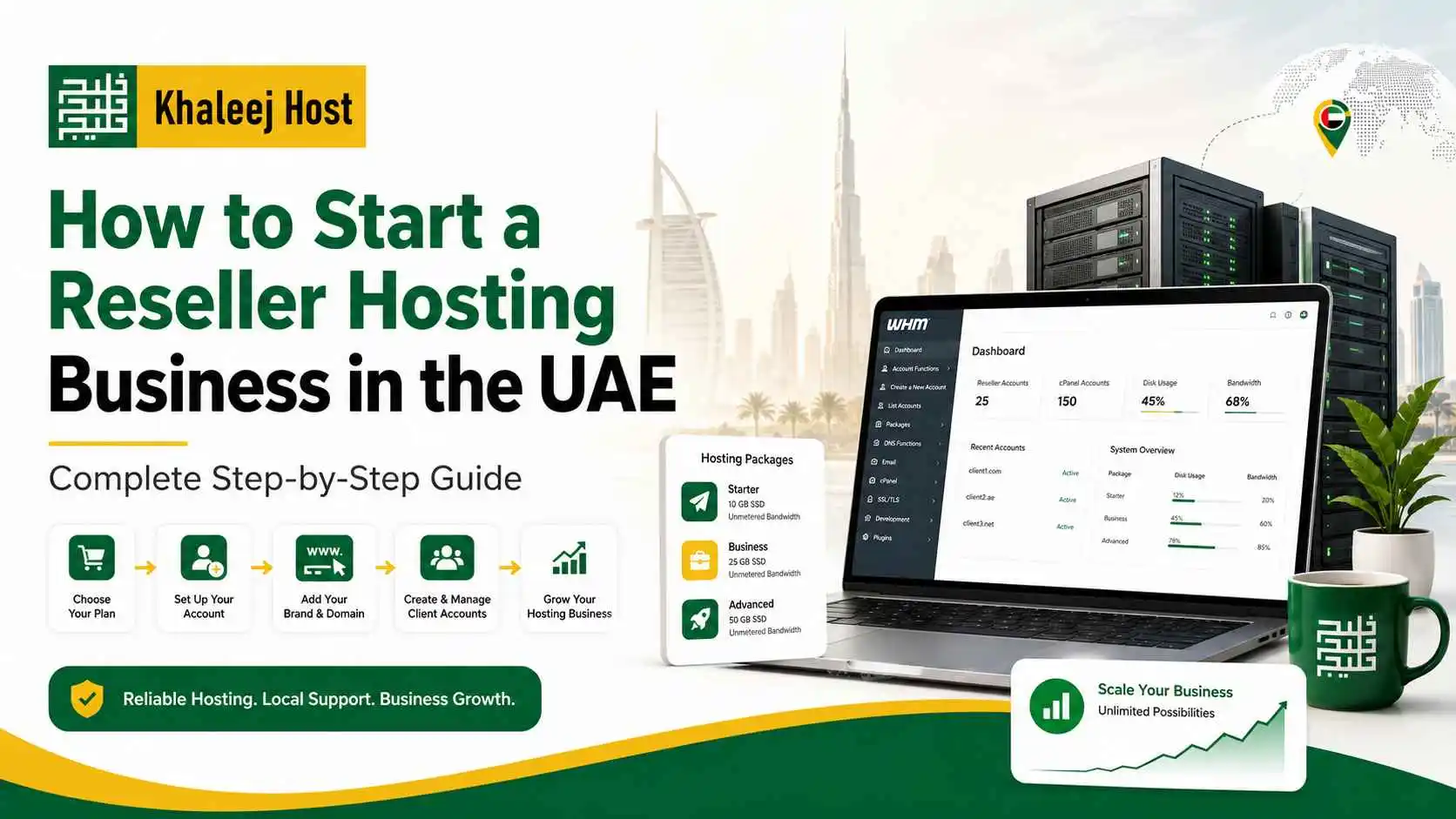 Step-by-step guide to starting a reseller hosting business in the UAE with hosting packages, WHM, client accounts, and business growth