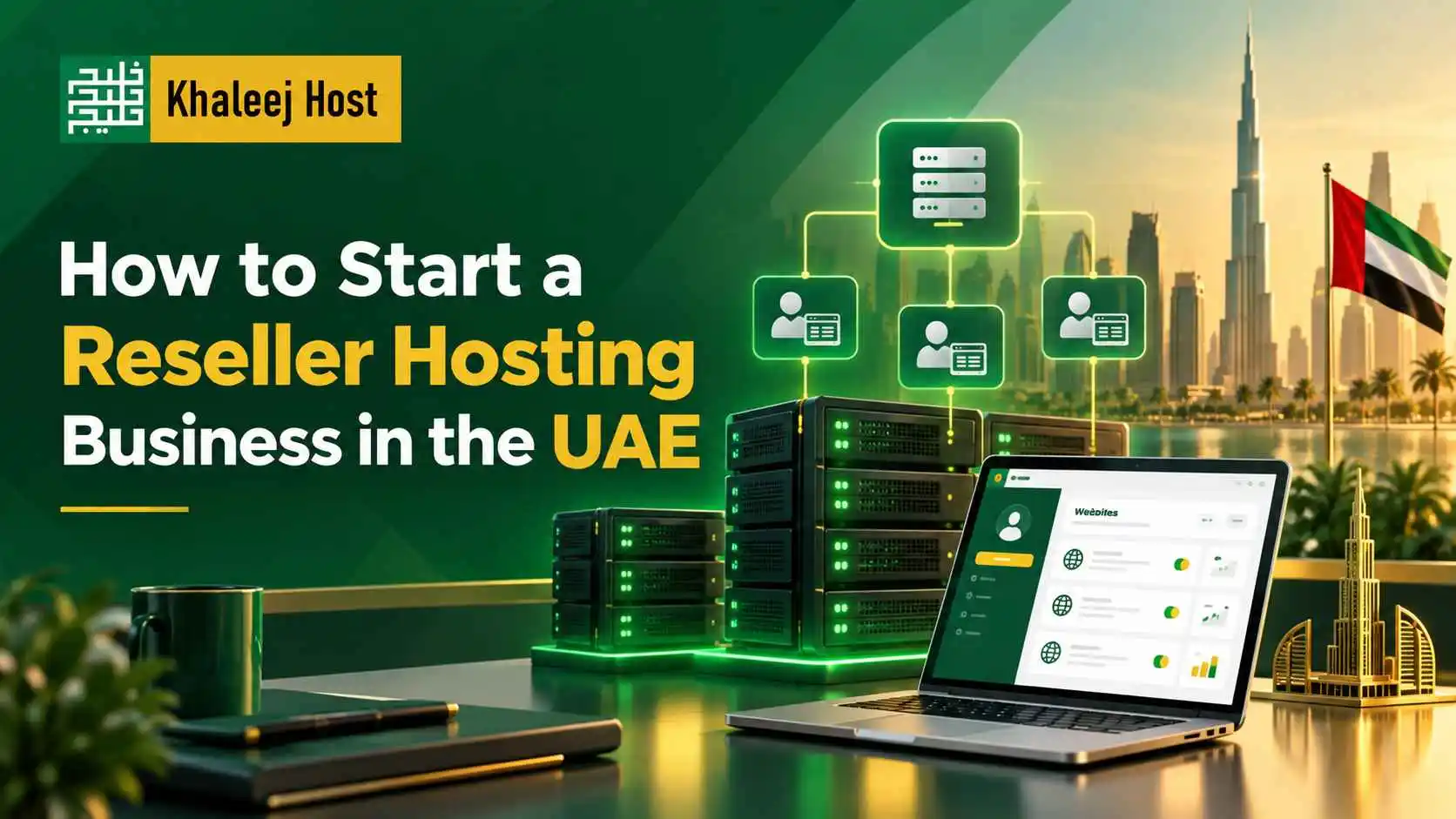 Feature image showing how to start a reseller hosting business in the UAE, with server infrastructure, reseller account management interface, client hosting accounts, and UAE-themed business visuals in KhaleejHost brand colors.