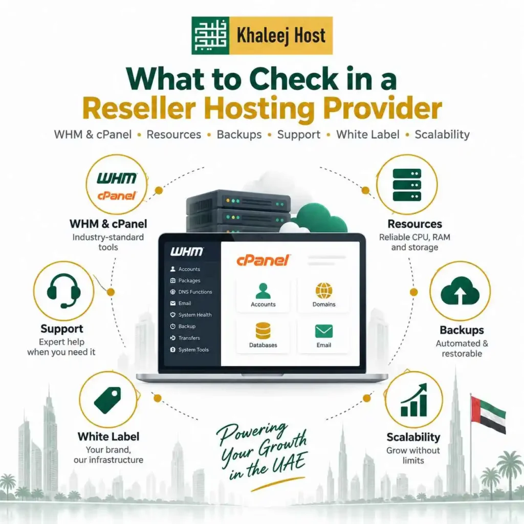 Checklist for choosing a reseller hosting provider with WHM and cPanel, server resources, backups, support, white-label hosting, and scalability