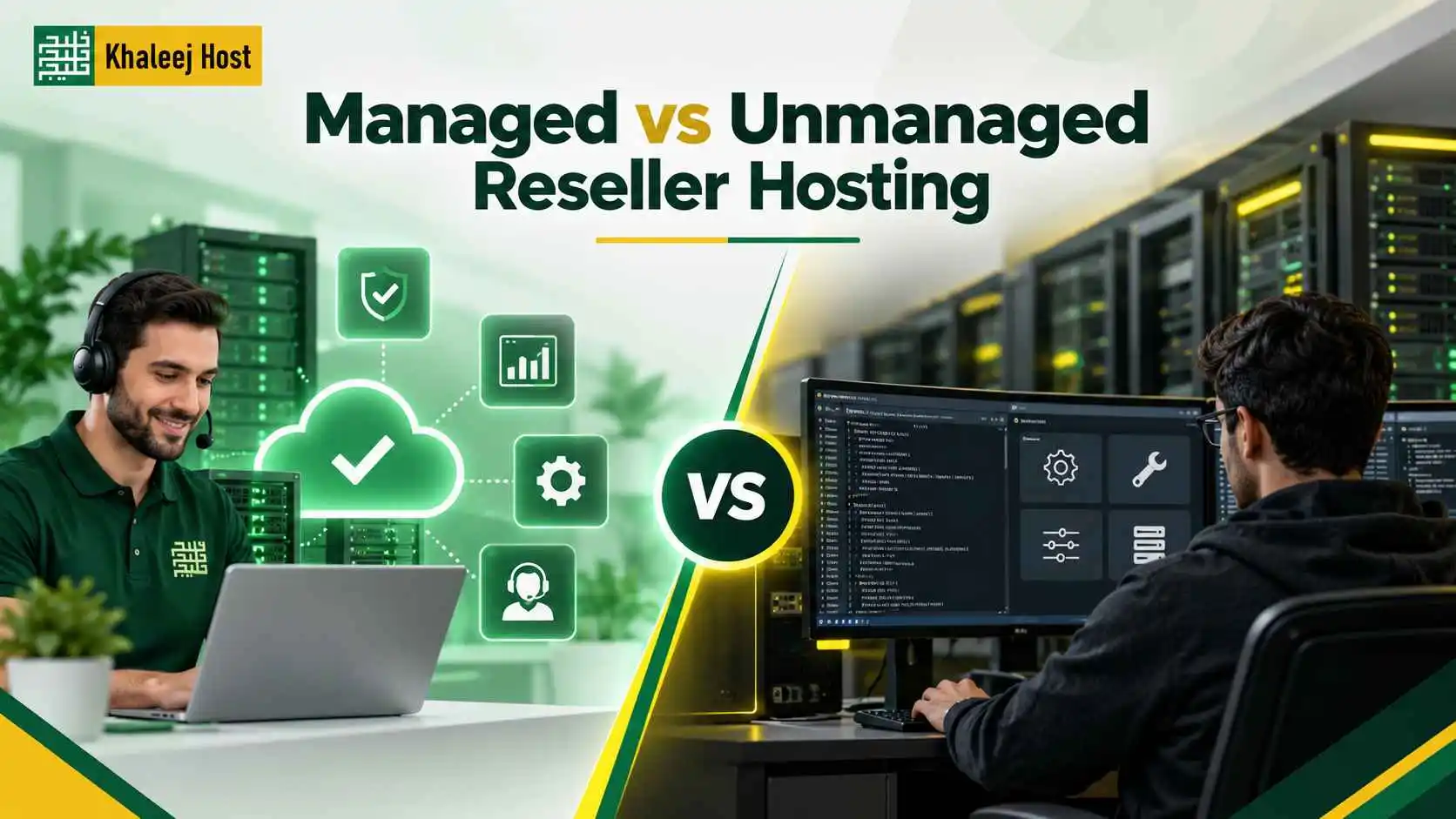 Managed vs unmanaged reseller hosting comparison showing provider-managed support and technical assistance versus self-managed hosting control and server responsibility.