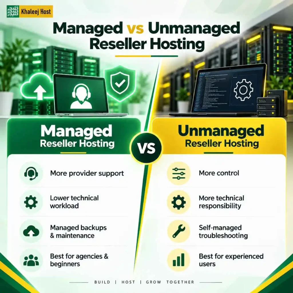 Comparison of managed and unmanaged reseller hosting, including provider support, technical workload, backups, control, troubleshooting, and suitability for different users.