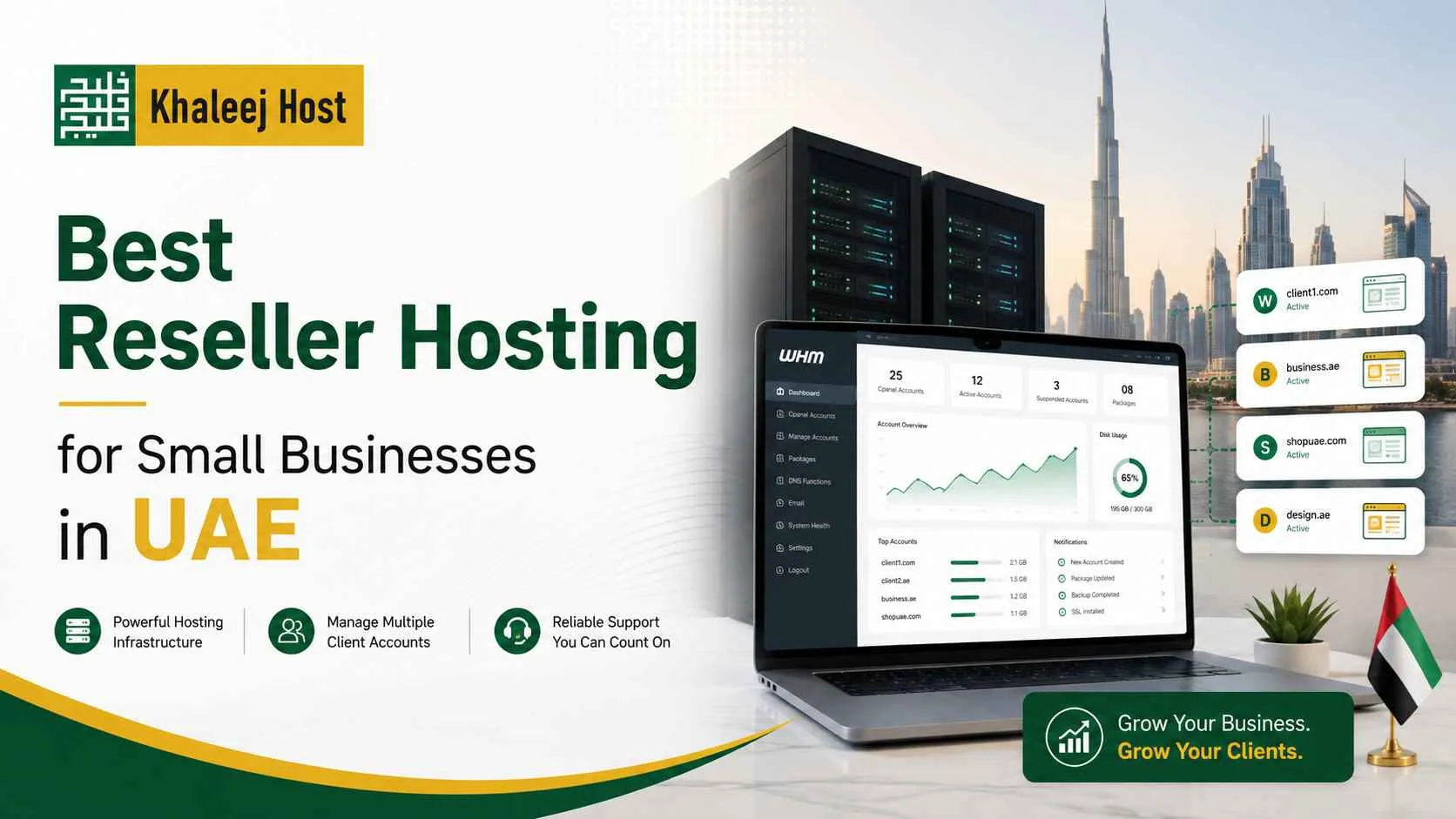 Best reseller hosting for small businesses in UAE with WHM dashboard, multiple client accounts, reliable support, and scalable hosting infrastructure