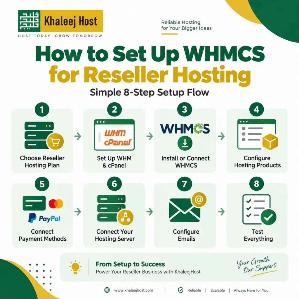 Eight-step WHMCS reseller hosting setup showing reseller plan selection, WHM and cPanel setup, WHMCS installation, product configuration, payments, server connection, emails, and testing.