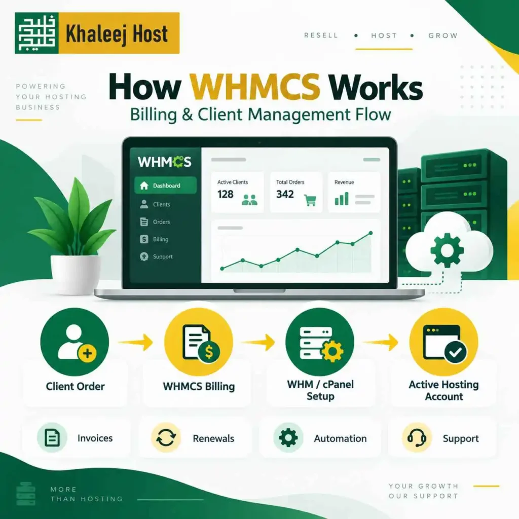 WHMCS billing and client management flow showing client orders, automated billing, WHM/cPanel setup, hosting account activation, renewals, and support.
