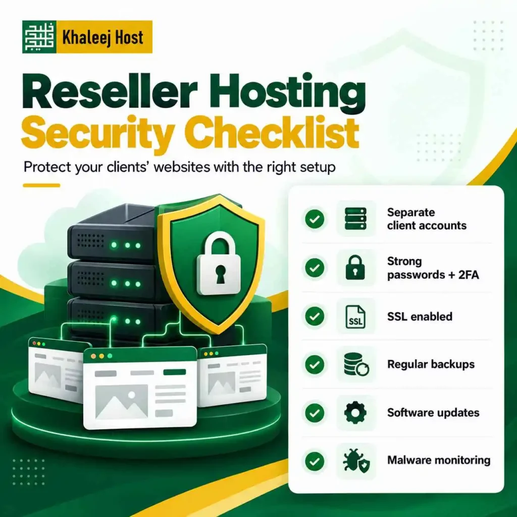 Reseller hosting security checklist covering separate client accounts, strong passwords and 2FA, SSL, regular backups, software updates, and malware monitoring.