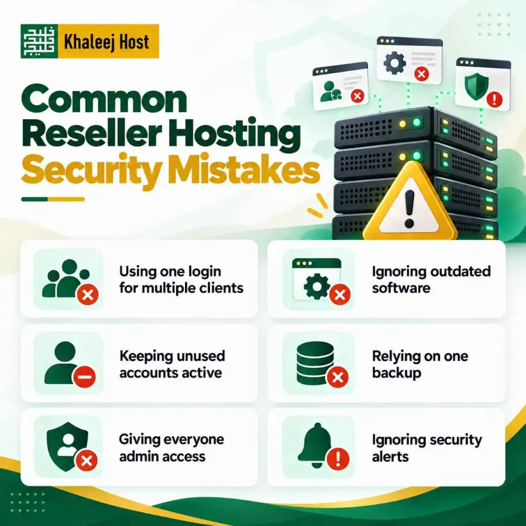 Illustration showing common reseller hosting security mistakes, including weak passwords, outdated software, broad admin access, poor backup practices, and ignored security alerts.