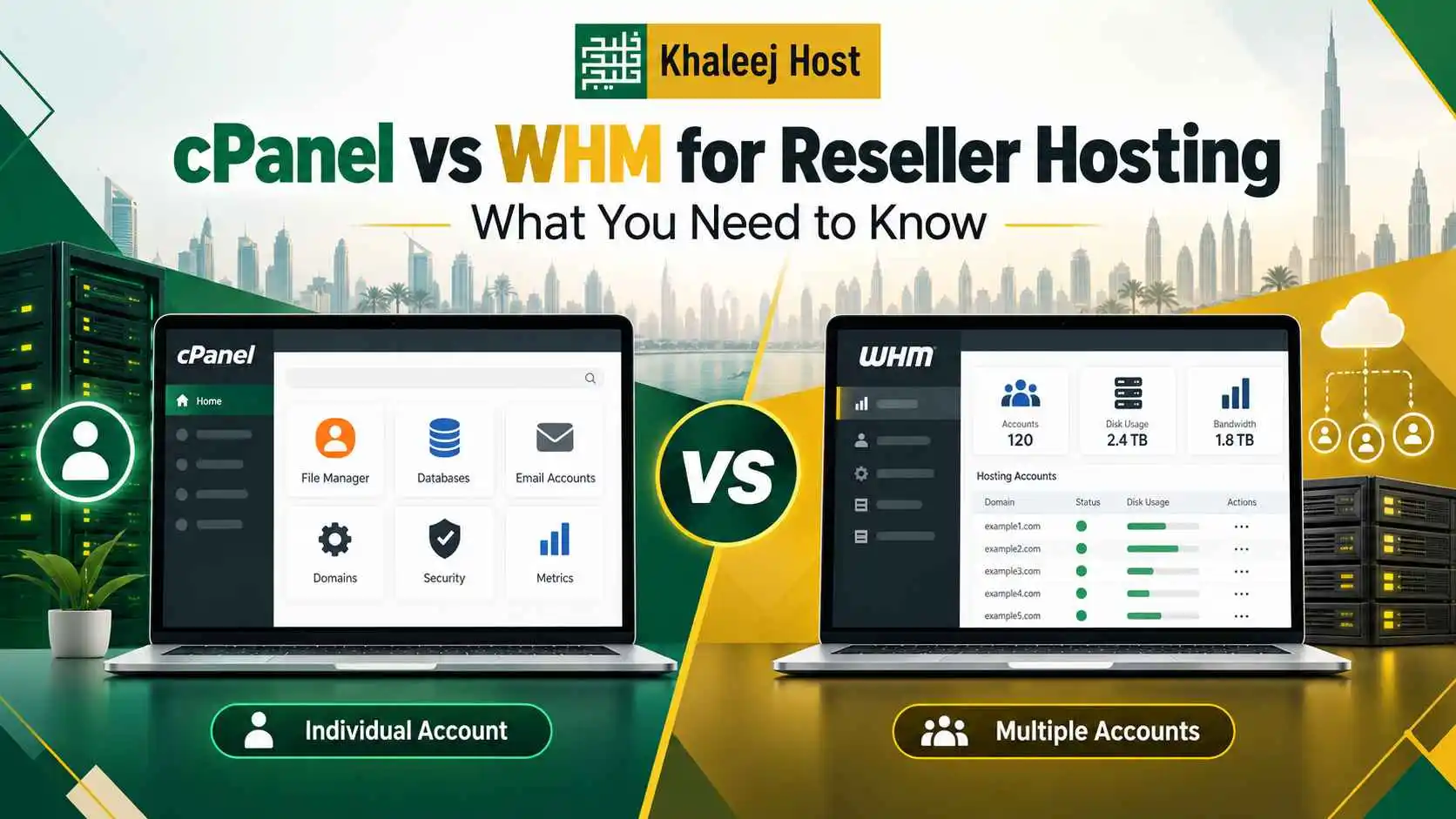 Feature image showing cPanel vs WHM for reseller hosting, comparing individual account management in cPanel with multiple account management in WHM, in KhaleejHost brand colors.